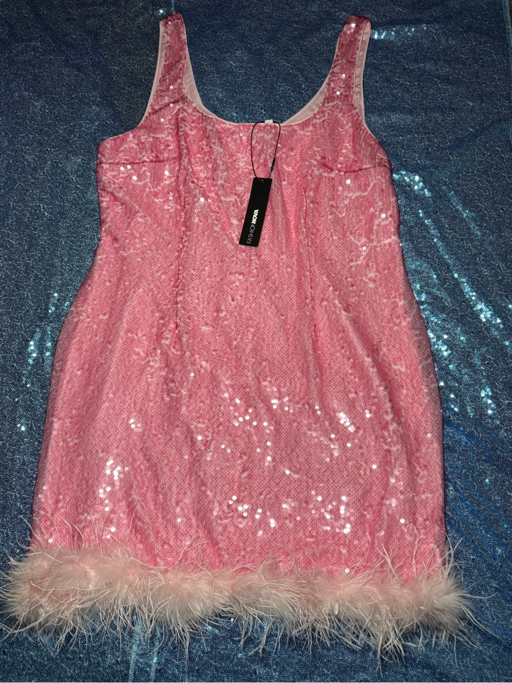 Fashion Nova Pink Sequin Feather-Hem Party Dress - Girls